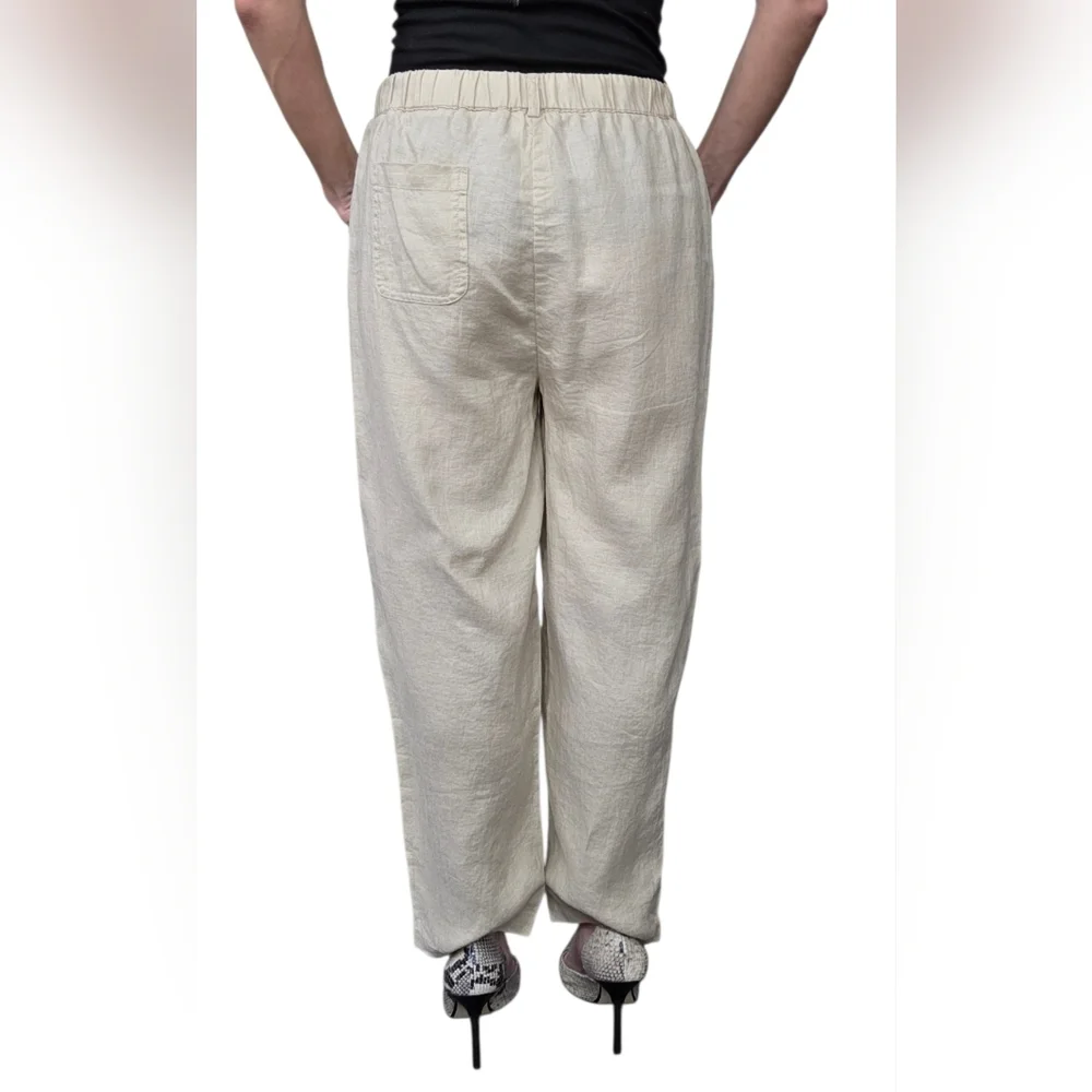 Quince 100% Linen Pull On Pants Tan Elastic Waist Relaxed Small